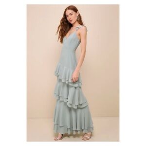 Lulus Perfectly Enchanting Sage Green Ruffled Tiered Maxi Dress NWT